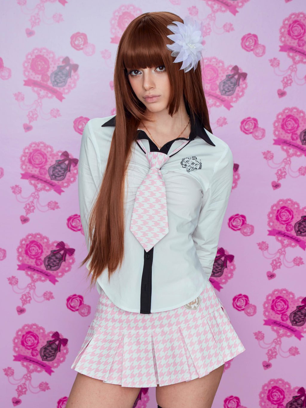 Afterschool houndstooth pleated skirt (white)