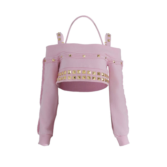 Gold studs damaged crop top (neon pink)